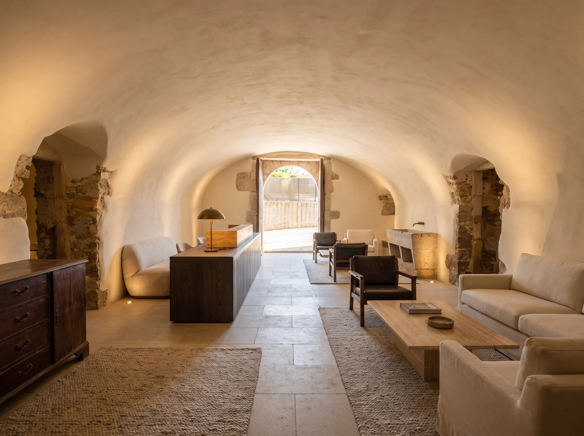 Vaulted masia hall: proposed renovation, AI-generated concept